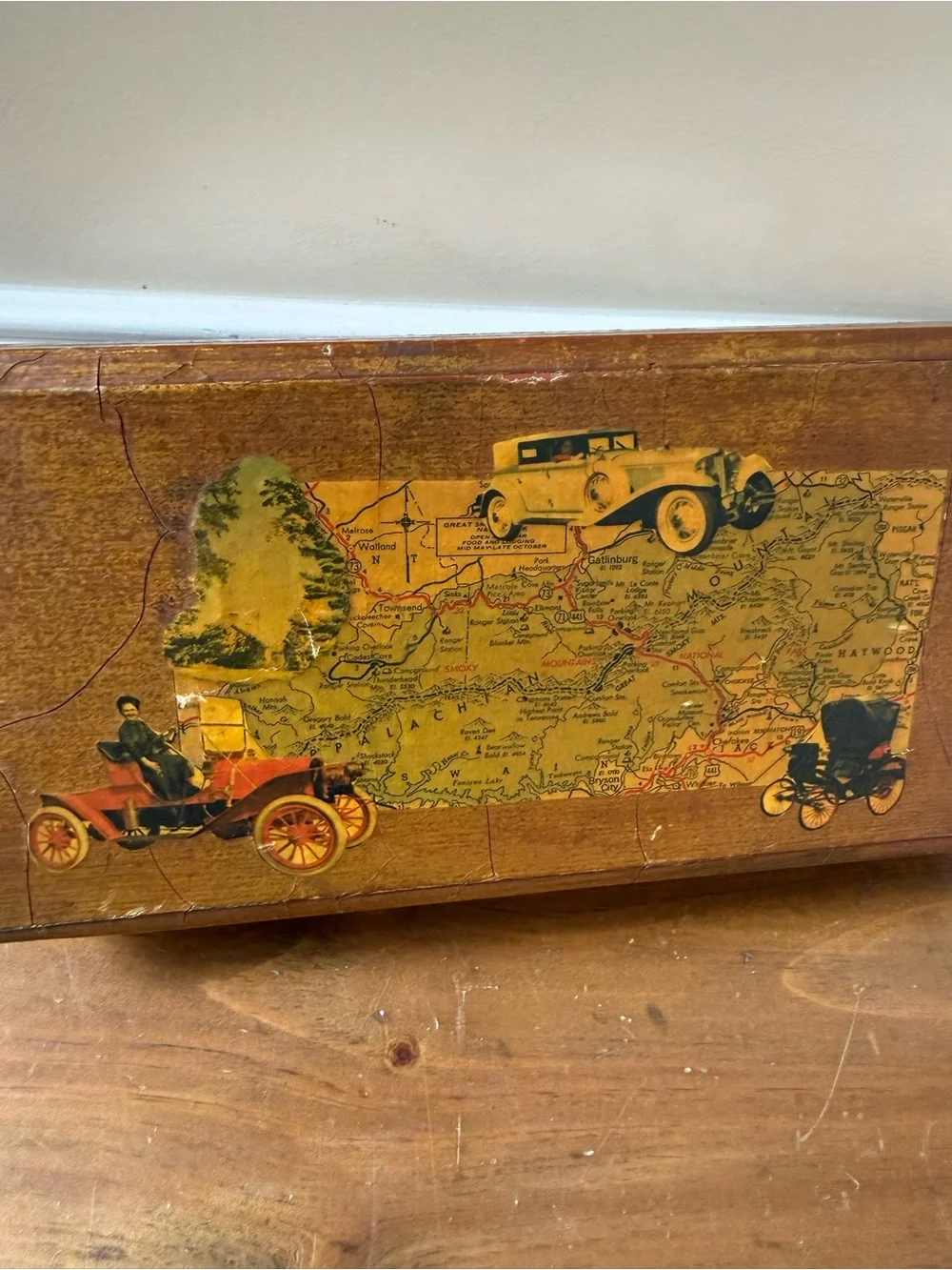 Vintage 1950s Decoupage Decorative Wooden Box with Car and Map motif